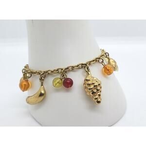 Vintage TRIFARI Charm Bracelet Gold Fruit Salad Palm Tree Sun Grapes Strawberry